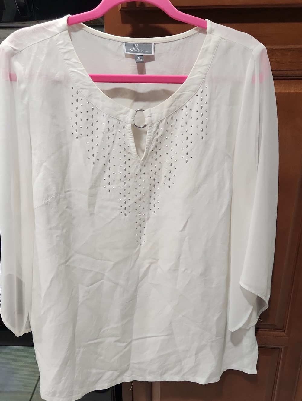 JM Collection Ivory Blouse with Ring and Rhinestone Detail
